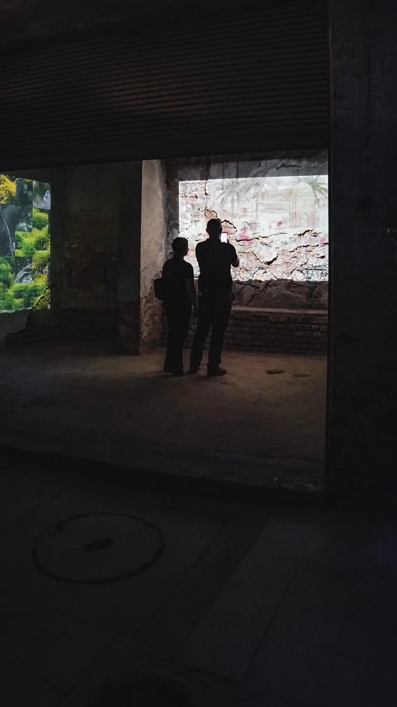 Silhouettes stand before a moving-image projection.