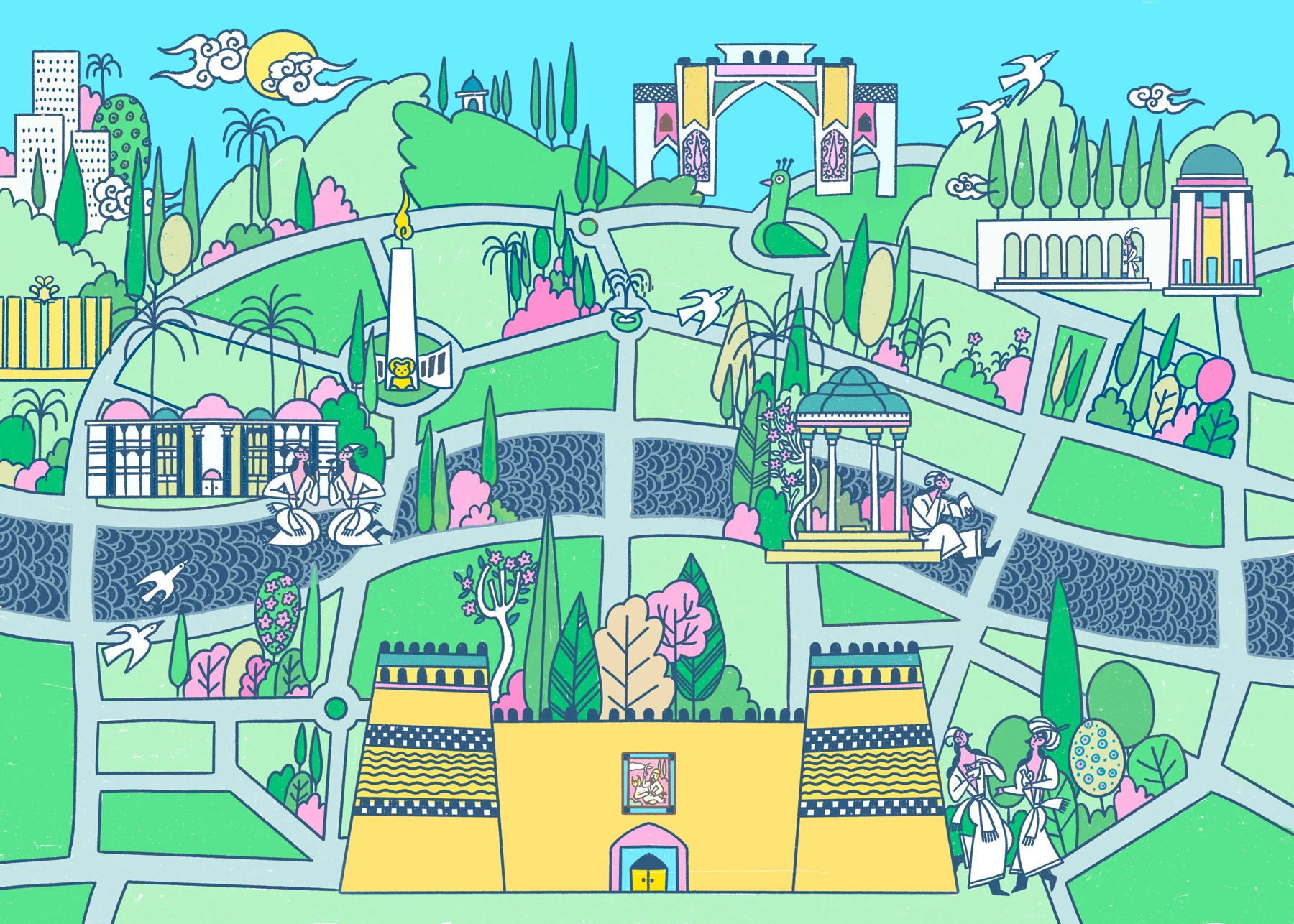 The illustrated city of Shiraz: gardens, birds, poets and architecture gathered around a yellow fort.